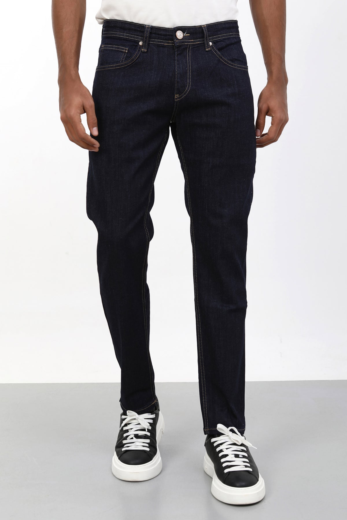 Erkek slim fit koyu lacivert indigo kot pantolon